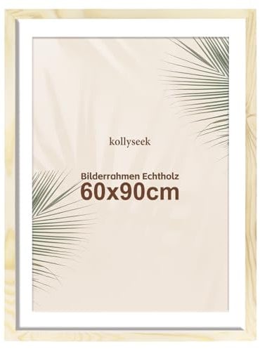 kollyseek Bilderrahmen 60x90cm Echtholz mit Passepartout Holz Rahmen mit Acrylglas Kieferholz Fotorahmen mit Bruchsicherem Acrylglas platten bilderrahmen Wood zimmer deko