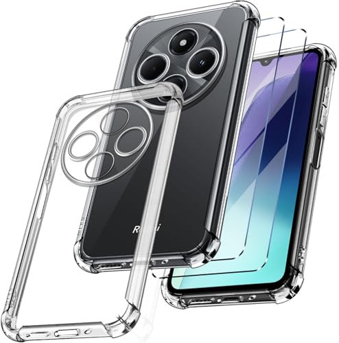 New&Teck - Funda Carcasa para Xiaomi Redmi 14C / Redmi A4 + 2 Vidrio Templado Protector de Pantalla, Funda Transparente de Silicona TPU Flexible, Parachoques con Esquinas reforzadas (Transparente)
