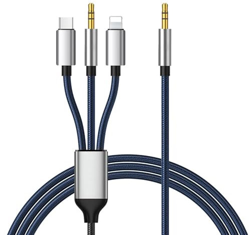 LUIRSAY Cable auxiliar para i-Phone, [certificado MFI] Cable auxiliar 3 en 1 USB C/Lightning/3,5 mm 3,5 mm, cable auxiliar de coche compatible con iPhone 16/15/14, iPad (no para llamadas)