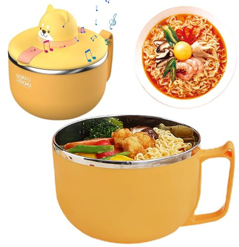 LUPATDY Ramen Bol à nouilles instantanées avec couvercle, 1200 ml, portable, en acier inoxydable, avec minuterie et trou d'aération, bol pour pâtes, bento, déjeuner (Shiba Inu)