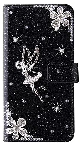 For iPhone 5 /5S/SE 2016/ iPhone SE 1st Gen Case PU Leather Wallet Case Glitter 3D angel diamond Girl Women Cover Case Folio Stand with Closure Card Slots Magnetic Buckle Flip Phone Case,Black