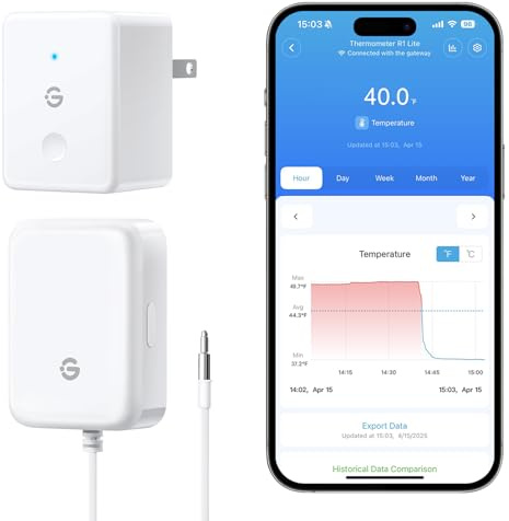 GoveeLife Thermomètre de réfrigérateur WiFi avec alarme, jauge de température numérique sans fil avec contrôle par application, 2 ans d'exportation de données gratuite, pour la maison, la cuisine, le