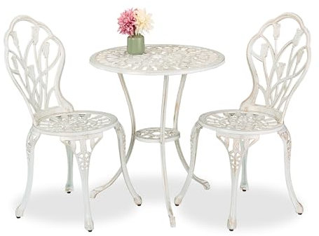 Relaxdays Gartenmöbel Set, 3-teilig, Tisch & 2 Stühle, Aluguss, Balkonmöbel Antik-Design, Garten Sitzgruppe, weiß/Bronze