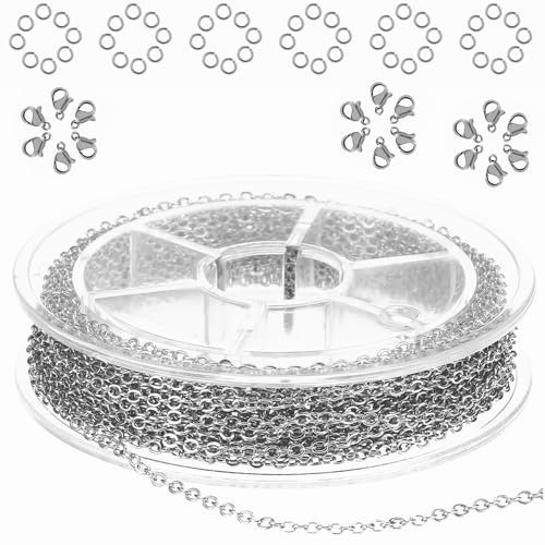 COMNICO 10 m Edelstahl Schmuckkette 1.5 mm Gliederkette Halsketten mit 20 Karabinerverschluss und 50 Sprung Ringe Basteln Zubehör für Schmuckherstellung (Schwarz)