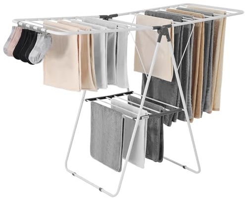 VEVOR Étendoir à Linge Pliable, Séchoir à Linge sur Pied à 2 Niveaux, avec Pinces à Chaussettes et 21 Barres de Séchage, en Métal, Stable, Réglable en Hauteur, pour Extérieur et Intérieur, Blanc