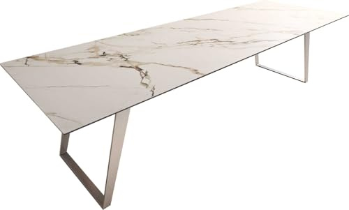 Esszimmertisch Edge Keramik Calacatta Luxe Weiß-Gold-Grau 300x100 Edelstahl Schräg