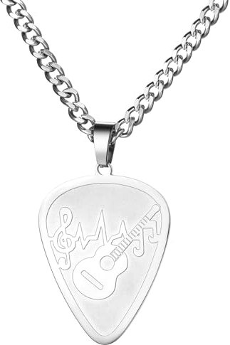 JewelryWe Gitarren Plektrum Kette Herren: Silber Edelstahl Halskette Panzerkette mit Musiknoten und Gitarre Personalisierbare Plektron Anhänger mit Kubanischer Kette - Musik Geschenk für Gitarristen
