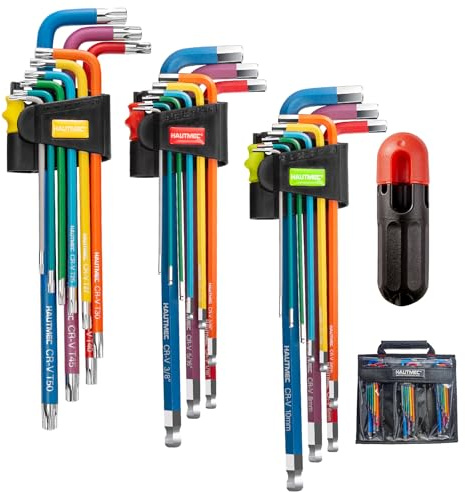 HAUTMEC 27PCS Long Hex Key Set, Ball End Allen Keys with T-Handle Adapter, Metric SAE Torx L-Key Set, 60CR-V Steel