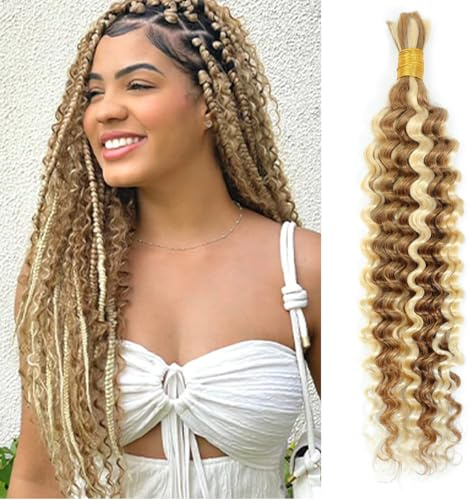 Boho Braids Human Hair Extensions 100g 2 Bundles No Weft Human Braiding Hair for Knotless Braids Wet and Wavy Deep Wave Bulk Human Hair For Women(DEEP,14INCH,P27/613)