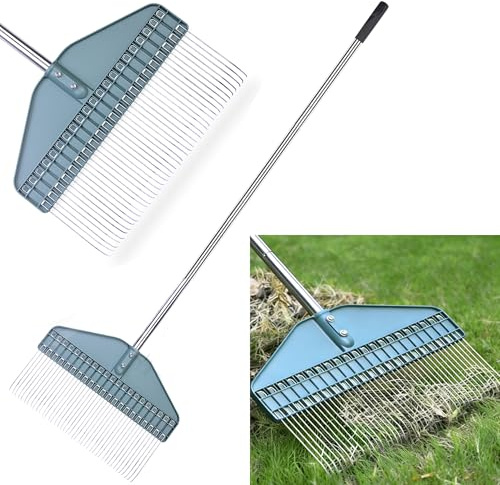 YEELOR Râteau à gazon, râteau pour feuilles, râteau de jardin avec tête de 43,2 cm – Poignée en acier inoxydable de 167,6 cm pour cour, pelouse, arbuste, parterres de jardin, poulailler