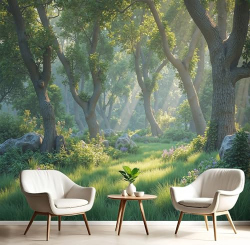GSAEIMCT Papier Peint Panoramique Vert Forêt Ensoleillée 3D Tapisserie Peinture Murale Interieur Paysages Naturels Pour Chambre Salon À Coucher D'Enfant Maison Décoration,200X140Cm