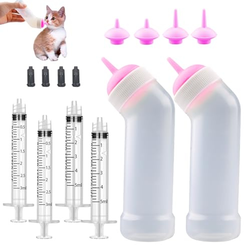 Guxetans Haustier Aufzuchtflasche Kit, 14PCS Flaschen für Kätzchen & Welpen Fütterung Kit mit Sauger Nippel & Spritzen, Für Neugeborene, Welpen, Kätzchen & Kleintiere,Rosa