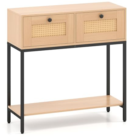 COSTWAY Console Table with 2 Rattan Drawers and Open Storage Shelf, Metal Frame Slim Behind Couch Accent Entryway Sofa Table for Hallway, Foyer and Living Room (Natural, 80x30x82cm)