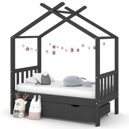 IBUQDDV Massivholz-Kinderbett mit Schublade in Dunkelgrau 70x140 cm Baumhaus-Stil mit Stauraum und Stabiler Kiefer Holzrahmen für Kinderzimmer