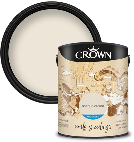 Crown WALLS & CEILINGS Mid Cream Kitchen & Bathroom Paint, Mid Sheen 5L | Wipeable Antique Cream, scuff resistant mid sheen. Durable on walls & ceilings. Condensation resistant. Low VOC & low odour