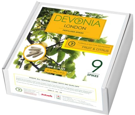 Devonia Citrus & Fruit Tree Fertiliser Large Spikes (9 Pack) | Slow-Release Root Feed | NPK 9-12-12 | All-Season Plant Food | Feeds Continuously For 2 Months | For Citrus & Fruit Trees | Plant Feed