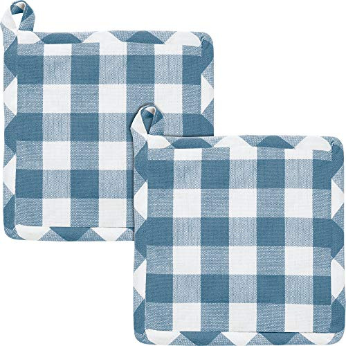 REDBEST Topflappen, Topfuntersetzer karo 2er-Pack, hitzebeständig, 100% Baumwolle blau Größe 20x20 cm - praktische Schlaufe, strapazierstark und langlebig