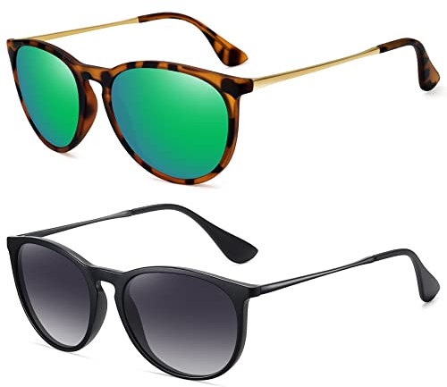 WOWSUN Polarisierte Sonnenbrille für Frauen Vintage Retro Runde verspiegelte Gläser (Schwarz+Grün)