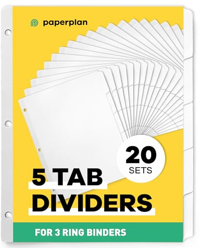 Binder Dividers with Tabs - (Set of 20) x 5 Tab Dividers for 3 Ring Binders, White, Reinforced Edge - Ideal for Keeping Your Documents Neat and Professional