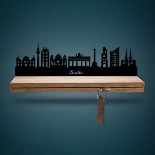 Schlüsselleiste Holz mit Skyline Berlin - Geschenk für Stadtverliebte - Stabiles & Massives Schlüsselbrett aus Eichenholz Moderner Schlüsselhalter für die Wand - 100% Made in Germany - Größe 25 cm