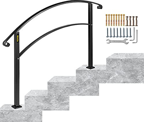 VEVOR 4-Step Handrail Fits 1 or 4 Steps Matte Black Stair Rail Wrought Iron Handrail with Installation Kit Hand Rails for Outdoor Steps