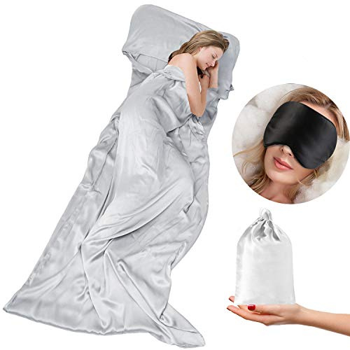 Cozysilk 100% Maulbeerseide Schlafsack Liner - 19 Momme Seide Schlafsack - Leichtes Reise- und Campingblatt für Hotel und Reisen, Luxusbett Seidenblatt (Hellgrau, Einzelner Luxus - 105 x 220 cm)
