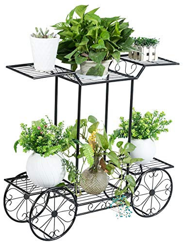 GYMAX Scaffale Porta Piante in Ferro, Portafiori per Giardino, Nero (Stile 9-80 x 25 x 75 cm)