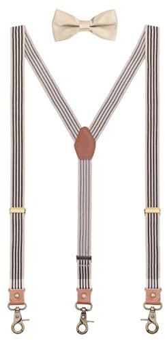 WANYING 2,5cm Hosenträger Fliege Sets für Damen Herren | Y Form Retro PU Leder Hummer Verschluss Hosenträger Elastisch Verstellbar für Körpergröße 150-200cm - Gestreift Beige Schwarz
