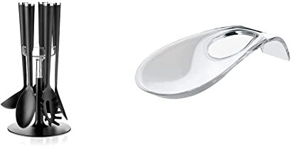 Guzzini Cooking Set Mestoli Antiaderente con Base, Attila Veress, 19 x h35 cm, Cromato & Poggiamestolo Kitchen Active Design, Trasparente, 24 x 11 x h4.5 cm