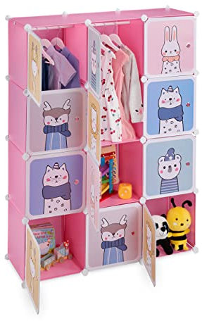 Relaxdays Steckregal Kinder, 2 Kleiderstangen, Türen mit Tierkindern, HBT: 145x110x37 cm, DIY Kinderkleiderschrank, rosa, Eisen