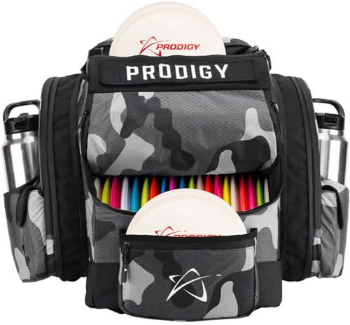 Prodigy Disc BP-1 V3 Disc Golf Backpack - Golf Bag Organizer - Holds 30+ Discs Plus Storage - Tear and Water Resistant - Pro Quality Bag for Disc and Frisbee Golf (Gray Camo)