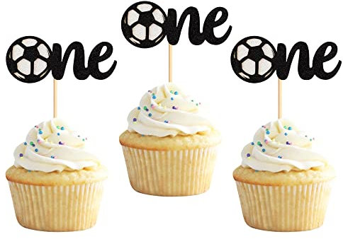 24 Stück One Cupcake Tops Glitter Fußball Kuchen Topper, Erster Jahrestag Tortendekoration für 1st Geburtstag Party Kuchendekorationen Zubehör