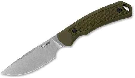 Kershaw Deschutes Skinner Fixed Blade Hunting Knife, Olive Handle with D2 Stainless Steel Drop Point Blade, Strong Grip with Finger Choil and Rubber Overlay, Includes Sheath