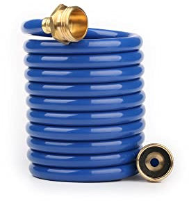 FUNJEE Lightweight EVA Coil 10 FT Garden Hose with 3/4 GHT Solid Brass Fittings, Retractable Corrosion Resistant Water Hose with Brass Connectors, for Lawn, Car Washing (10FT, Blue)