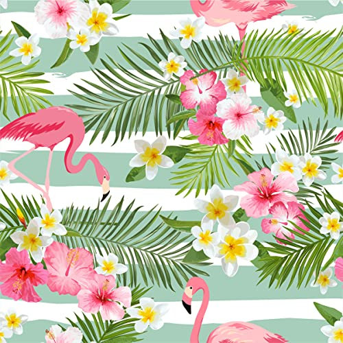 Flamingo-Polsterstoff, Meterware, tropischer hawaiianischer Blumen-Outdoor-Stoff, Sommer-Palmenblätter, gestreifter Dekorationsstoff für Polster- und Heimwerkerprojekte, 92 x 150 cm, Grün-Rosa
