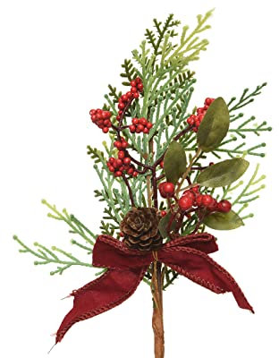 Kaemingk Künstliche Tannenzweige am Stiel 25cm PE Spritzguss mit roten Beeren Samtschleife Dekozweige grün