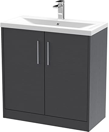 Hudson Reed JNU2205A Juno Modern Bathroom Floor Standing 2-Door Vanity with Mid-Edge Ceramic Basin, 800mm, Woodgrain Graphite Grey