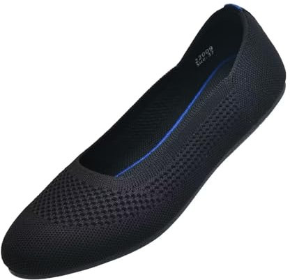 Puxowe Damen Ballerina Runde Zehe Stricken Flache Schuhe Komfort Weich Slip On Ballerina Walking Flats Schuhe für Frauen Niedriger Keil Lässig 38 EU Black