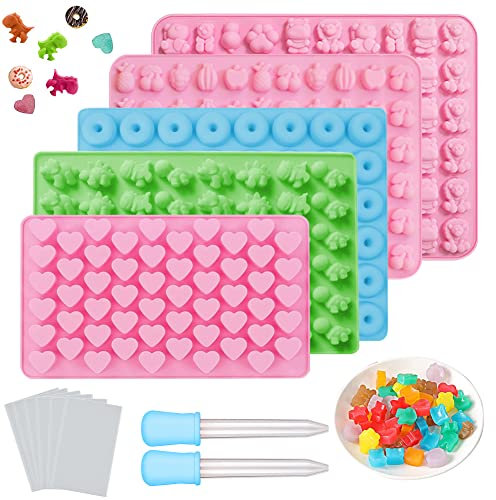 SCHYIDA 5 Moldes de Silicona para Caramelos y Chocolates con 2 Cuentagotas Pequeñas y 100 Bolsitas de Plástico Moldes de Silicona para Hacer Gelatina en Formas de Animales Frutas Corazón Donuts