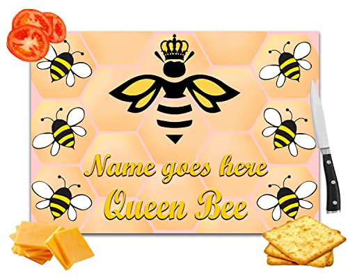 Queen Bee Honeycomb Design Personalised Toughened Glass Heat Resistant Worktop Saver Cutting and Chopping Board Gift