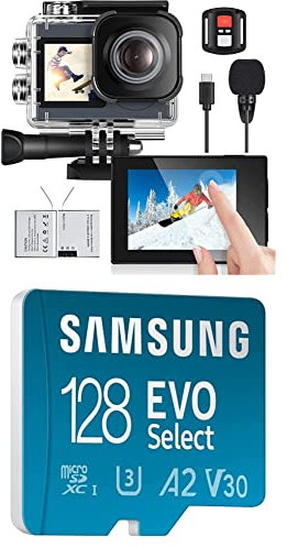 icefox Action Cam 4K Ultra HD 20MP Kamera Unterwasserkamera Wasserdicht 40M, Dunkelgrau & Samsung EVO Select microSD Speicherkarte (MB-ME128KA/EU), 128 GB, UHS-I U3, Full HD, 130MB/s Lesen