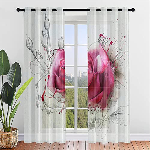 Hiseng Schiebegardinen Voile Vorhang Gardinen 2er Set, Rose Blume Druck Sheer Schiebevorhänge Lichtdurchlässig Flächenvorhänge für Wohnzimmer Schlafzimmer Fensterschal (132x182cm,Graffiti Rose)
