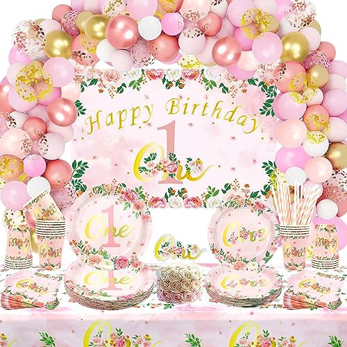 LSJDEER Dekorationen zum 1. Geburtstag für Mädchen, Zubehör für den ersten Geburtstag, HAPPY BIRTHDAY ONE-Hintergrund, Teller, Tassen, Servietten, Tischdecke, Strohhalme