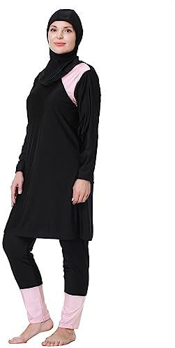 IWEMEK Burkini Damen Muslim Große Größen 3tlg Set Rash Guard Langarm Ganzkörper Schwimmanzug Schwimmkleid + Schwimmhose + Hijab Badeanzug Islamische Schwimmkleidung UV Schutz Schwarz + Rosa 5XL