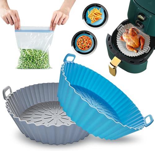 MIR & MAD® 2PCS Air Fryer Silicone Liner & 5Pcs Food Storage Bags | 8 Inch Round Food Safe Non Stick Reusable Silicone Air Fryer Liner | Air Fryer Accessory (Blue & Grey + 5 Pcs Food Storage Bags)
