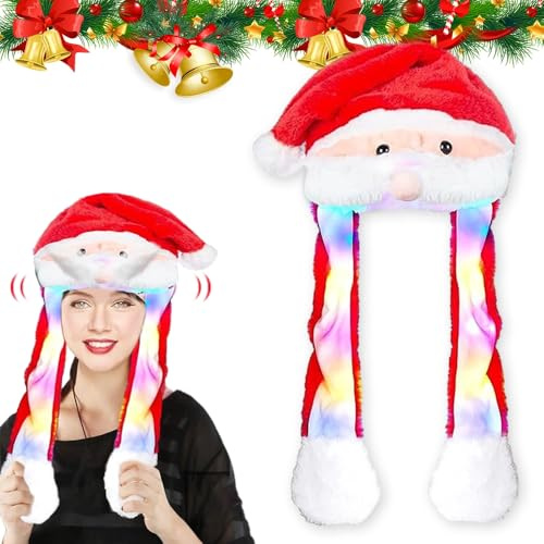 Udbrud Weihnachtsmütze Plüsch, Lustige Wackelohr Mütze mit LED Weihnachtsmann Plüsch Hut Beweglichen Ohren aus Plüsch Kostüm für Cosplay Urlaub Weihnachten Karneval Party Geschenk