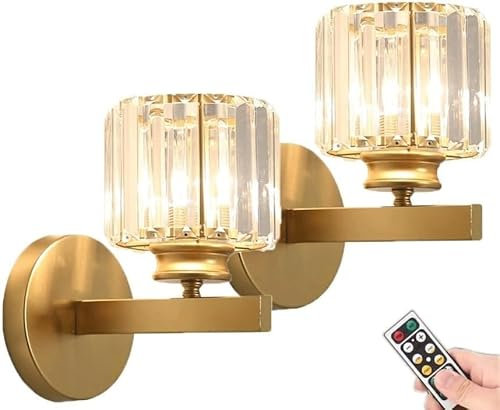 ANUOMY Battery Operated Sconces Wall Lighting Set of 2,Non Hardwired Rechargeable Wall Lights Fixture with Remote,Modern Glass Shade Wall Lamp Gold for Bathroom Bedroom Living Room Fireplace