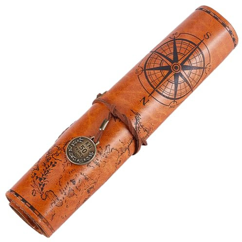 GORGECRAFT Leder-Bleistifttaschenriemen Vintage-Schatzkarte Kompass-Abdeckung Rollup-Aufbewahrungsorganisator Retro-Stifttasche Wickeltasche Rolletui Halter Schreibwarentasche Mit Charmantes (Peru)