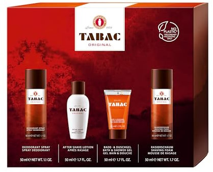 Tabac® Original | Quattro Set - Original Seit 1959 - sanft zur Haut - mit dem Duft des Originals - spürbar gepflegtes Frischegefühl | 50ml After Shave Lotion, Duschgel, Deodorant & Rasierschaum