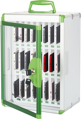 Casier de stockage de téléphone portable, Armoire de rangement pour téléphone portable d'aluminium, Boîte à clé telephone avec poignée pour salle de classe, bureau, examen (Vert, 24 emplacements)